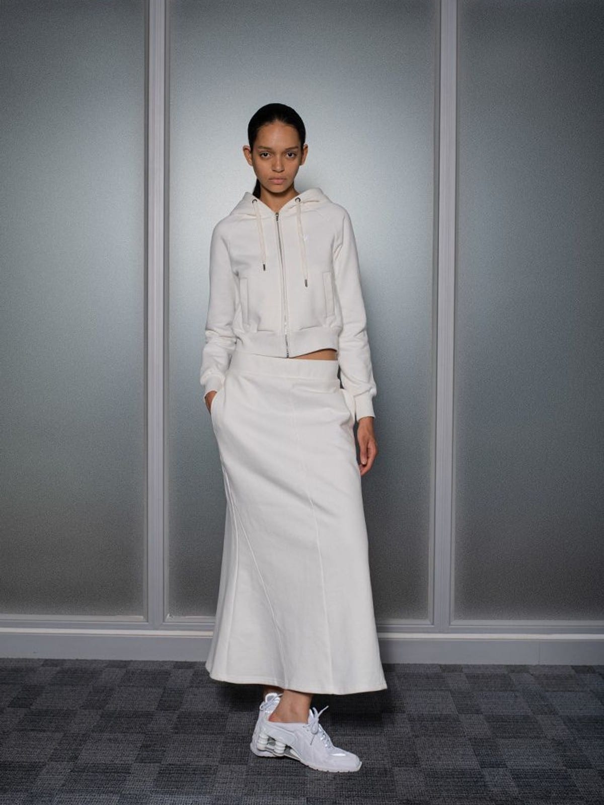 RARELY ALIKE Cotton Hoodie Fishtail Skirt Set in White - On Female Model