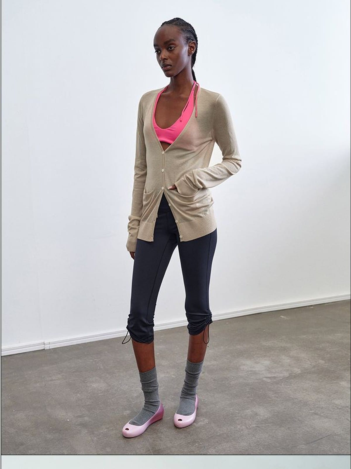 RARELY ALIKE Silk Wool V Neck Backless Cardigan in Olive - On Female Model