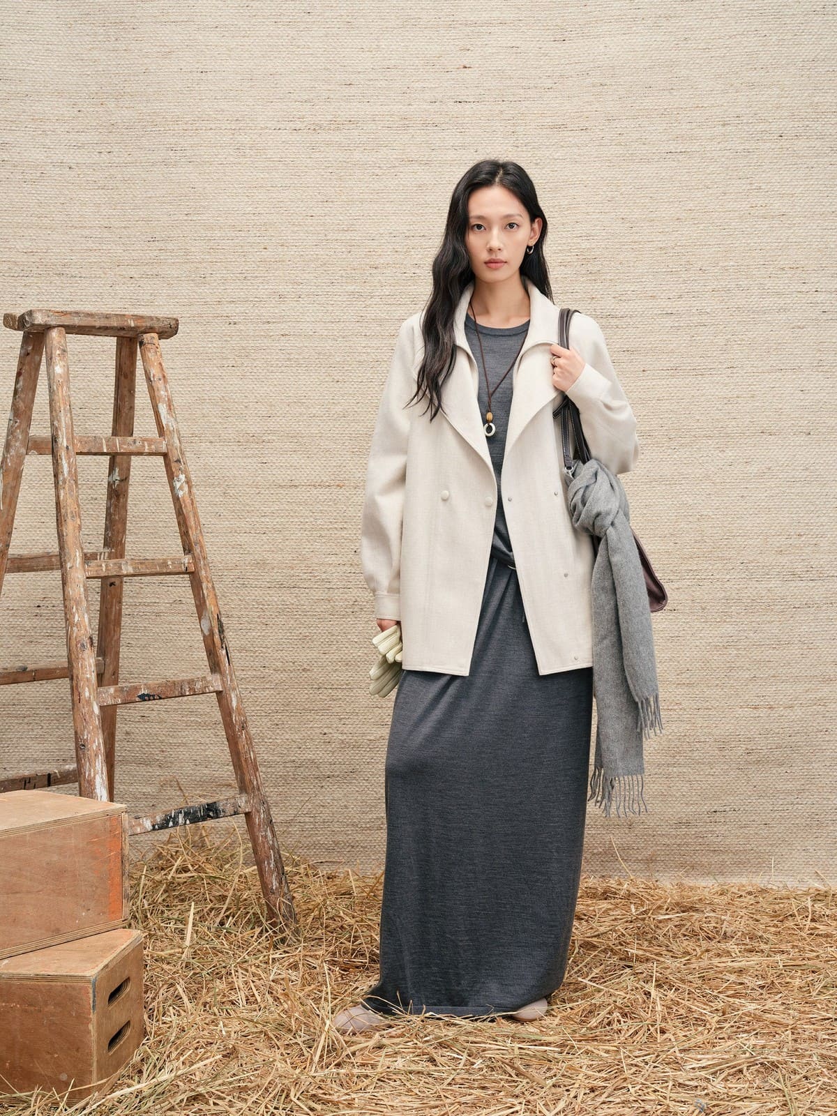 TEASEL Belted Wool Linen Safari Jacket in Beige - On Female Model