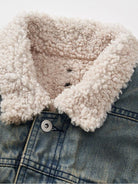 D5ove Faux Fur Collar Distressed Denim Jacket in Gray - Detail