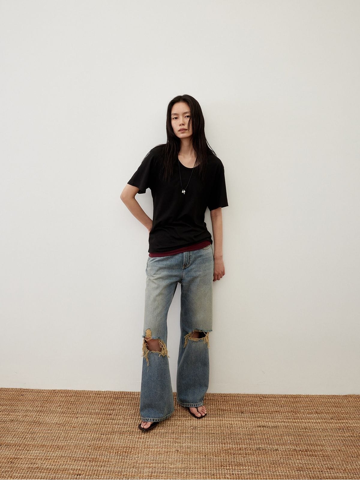 Random Piece Distressed Turkish Cotton Flared Jeans in Blue - On Female Model