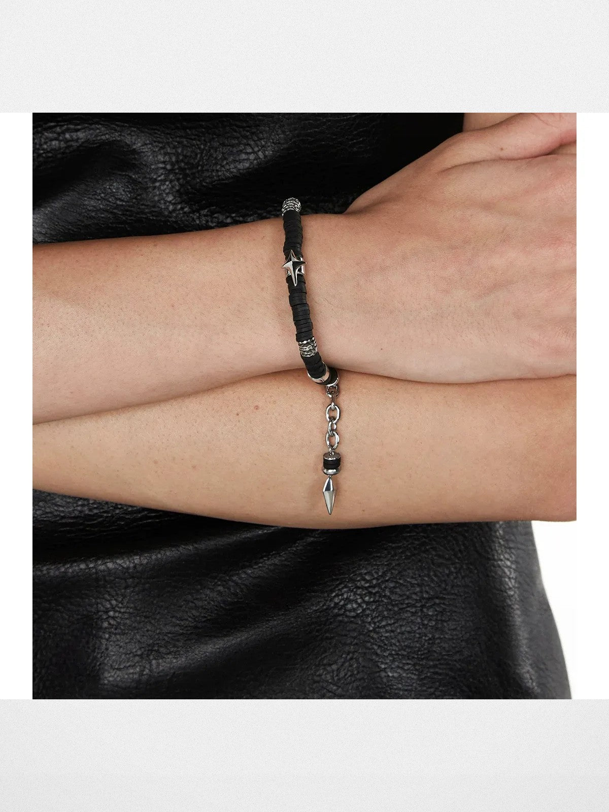 BLACKHEAD Star Pendant Chain Bead Bracelet in Black - On Model
