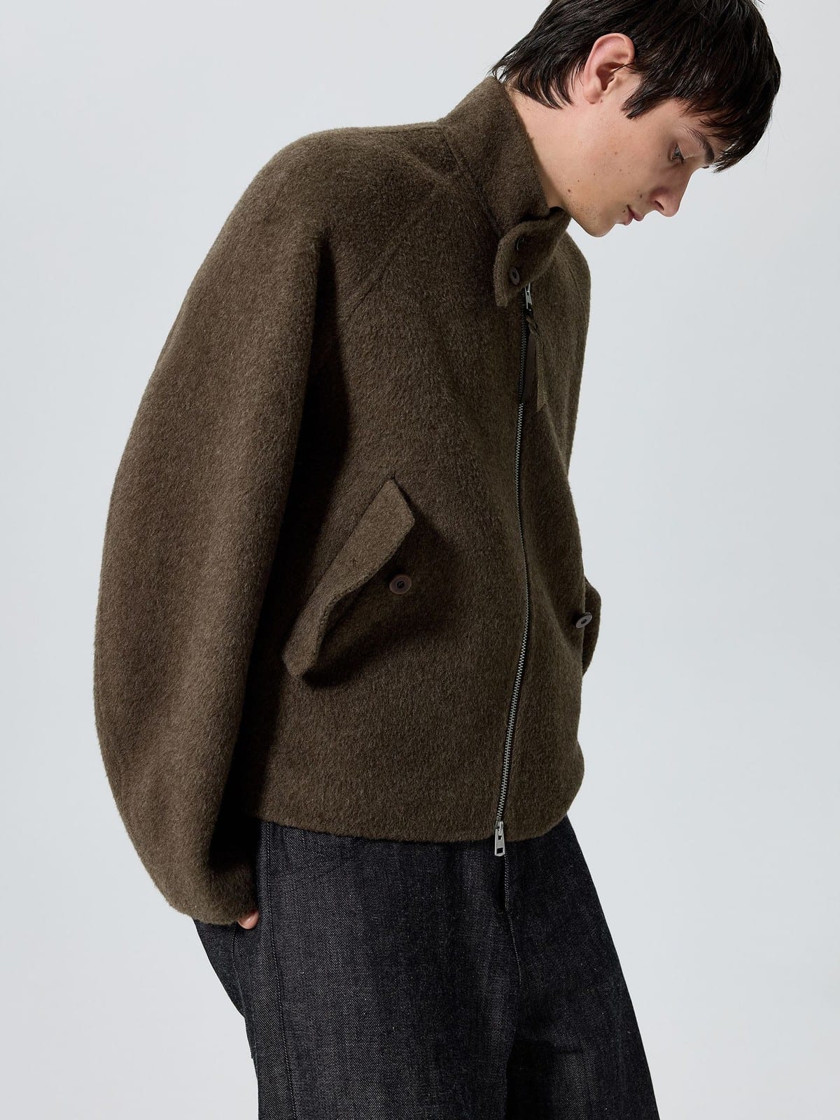 SIMPLE PROJECT Double Faced Wool Harrington Jacket in Brown - On Male Model