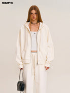 SMFK Distressed Washed Cotton Zip Up Hoodie in White - On Female Model