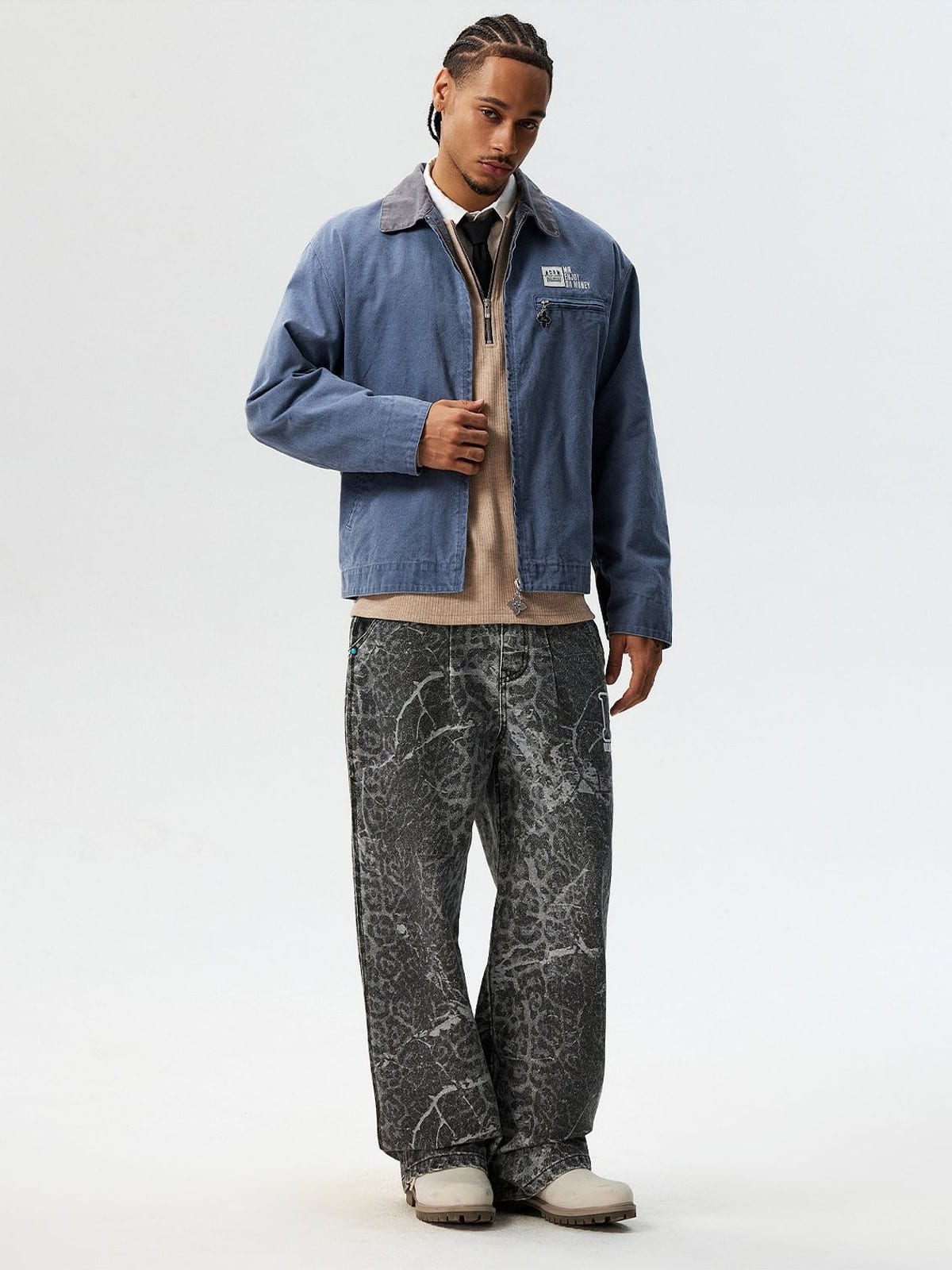 MEDM Washed Cotton Detroit Zip Up Jacket in Blue - On Male Model