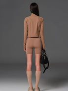 SMFK Cropped Stretch Nylon Track Jacket in Brown - On Female Model