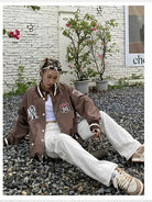BeerBro Route 96 Retro Varsity Jacket in Coffee - On Female Model