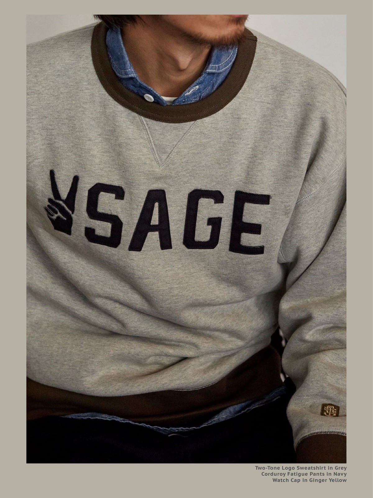 USAGE Graphic Two Tone Cotton Sweatshirt in Gray - On Male Model
