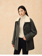 TEASEL Wool Plaid Barn Jacket with Fur Collar in Gray - On Female Model