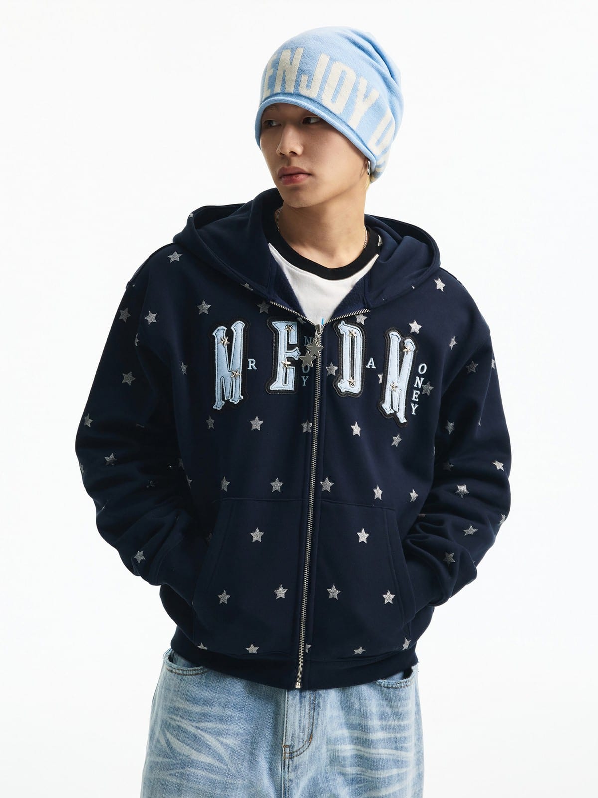 MEDM Fleece Lined Star Print Zip Hoodie in Navy Blue - On Male Model