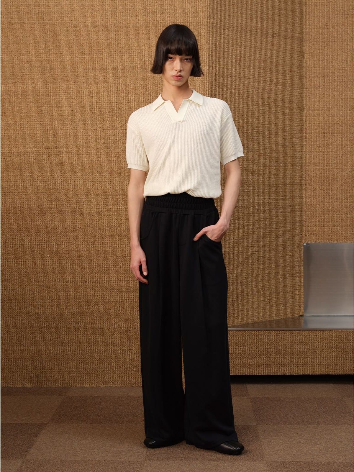 JCAESAR STUDIO Ribbed Ice Silk Knit Polo in Cream - On Male Model