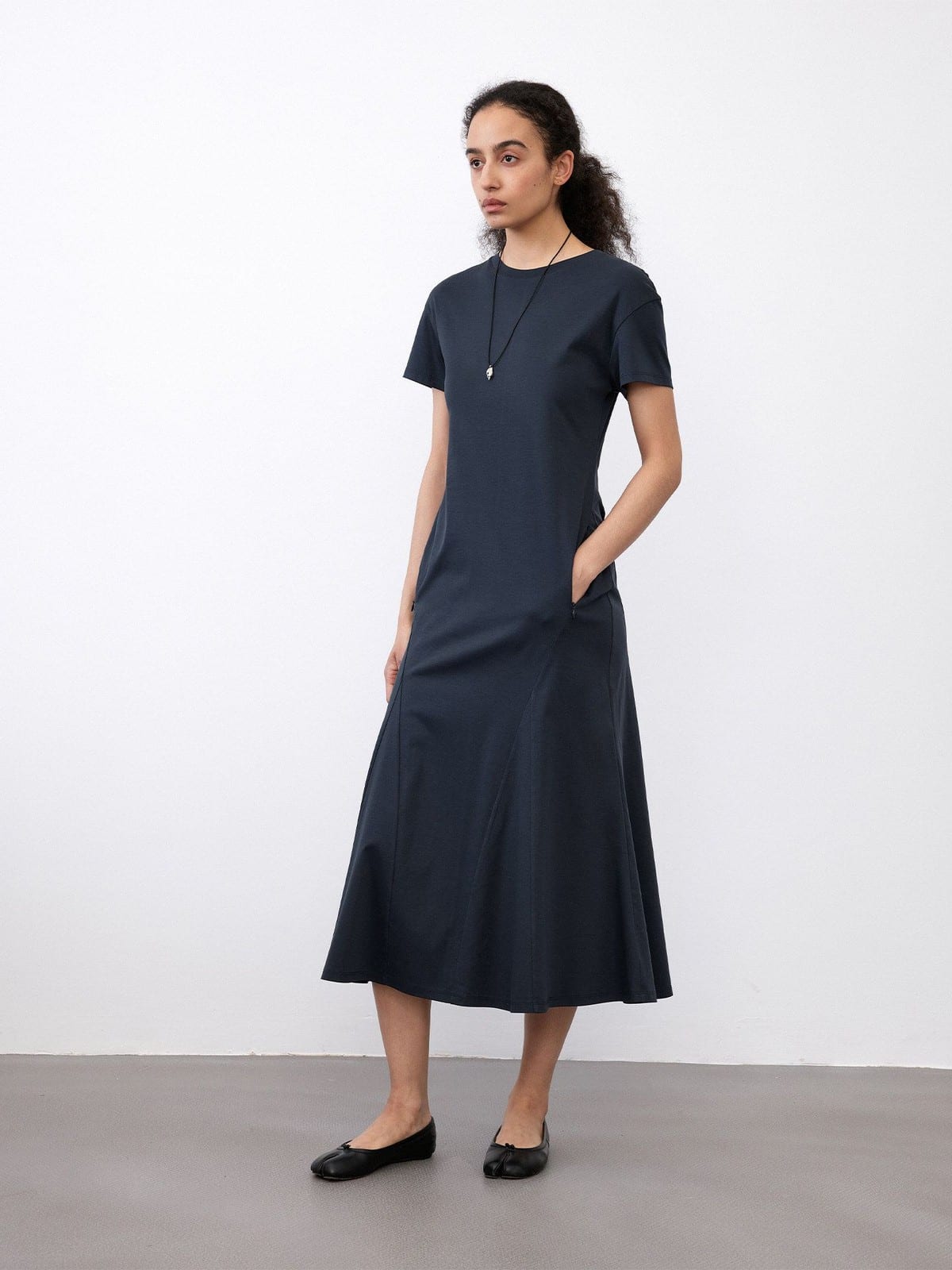 Random Piece Paneled Cotton Blend Fishtail Dress in Blue - On Female Model
