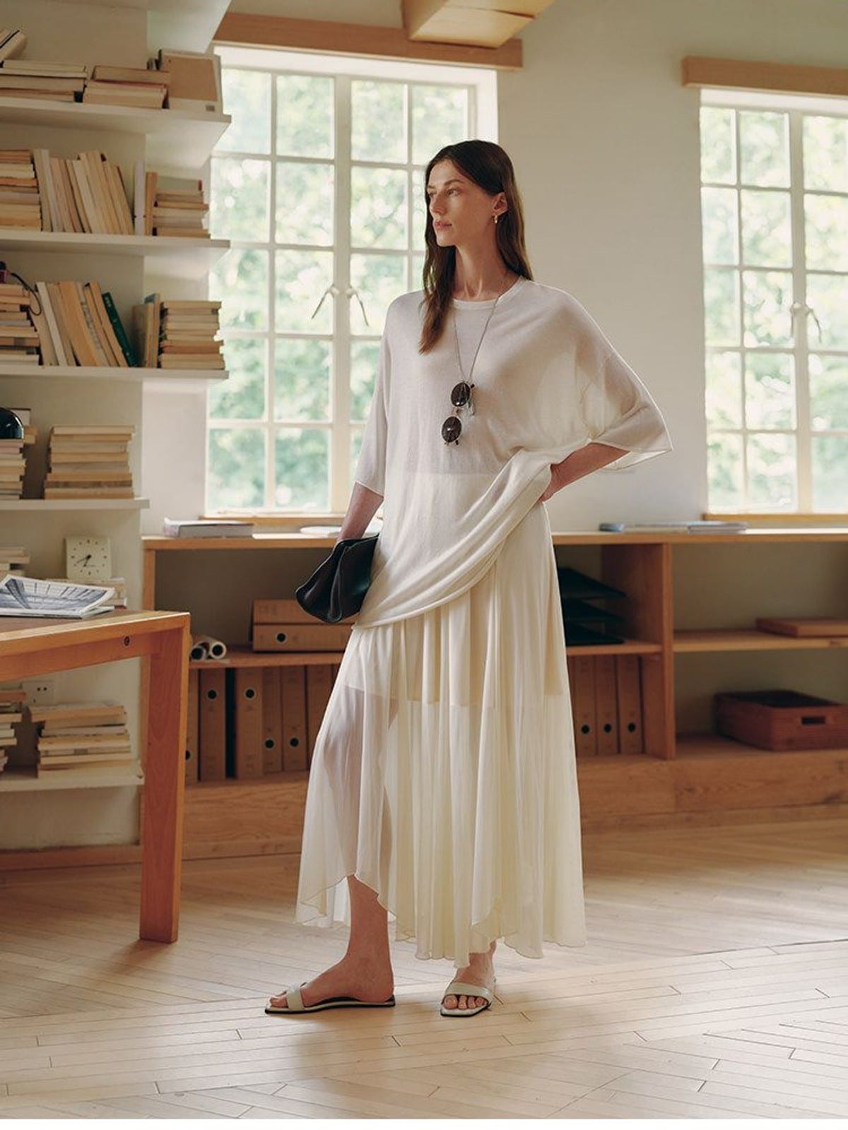 MSBEAST Sheer Lyocell Cashmere Half Sleeve T Shirt in White - On Female Model