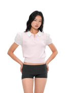 SweetChilling Mock Layer Polo Knit Crop Top in Pink - On Female Model