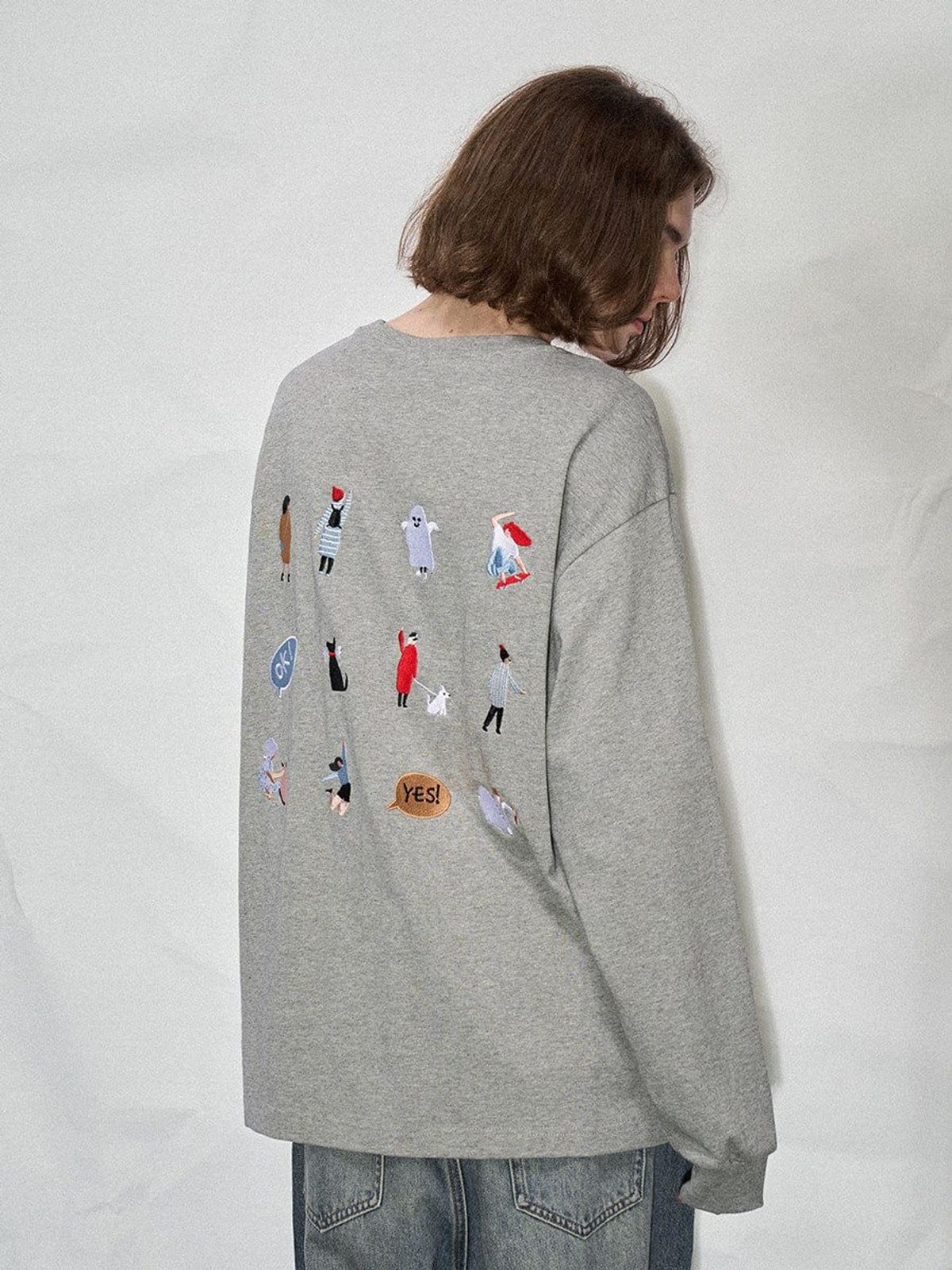 LOSTCTRL Embroidered Long Sleeve Cotton T Shirt in Gray - On Model
