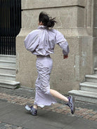 RARELY ALIKE Adjustable Collar Balloon Sports Jacket in Lavender - On Female Model