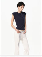 RARELY ALIKE Raglan Cap Sleeve T Shirt in Navy Blue - On Female Model