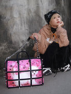 CFIERCE Spiked Cat Print Cage Bag in Red - On Female Model