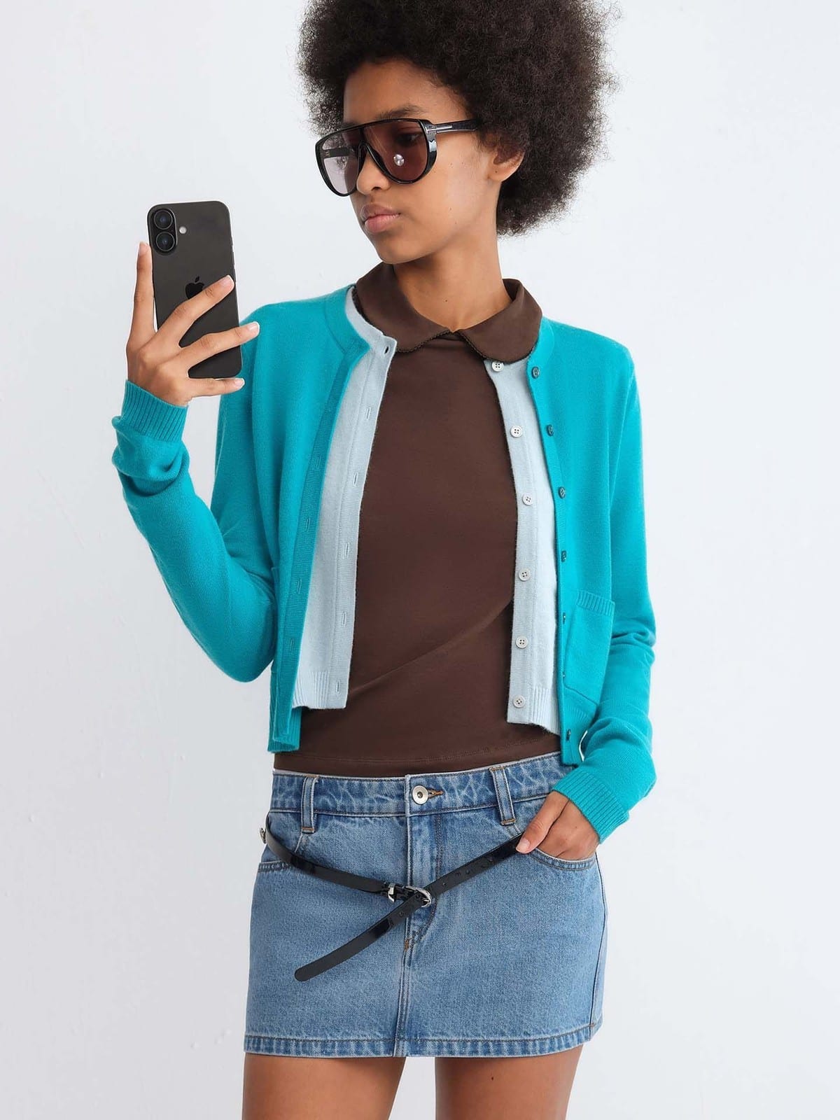 RARELY ALIKE Wool Color Block Layered Cardigan in Blue - On Female Model