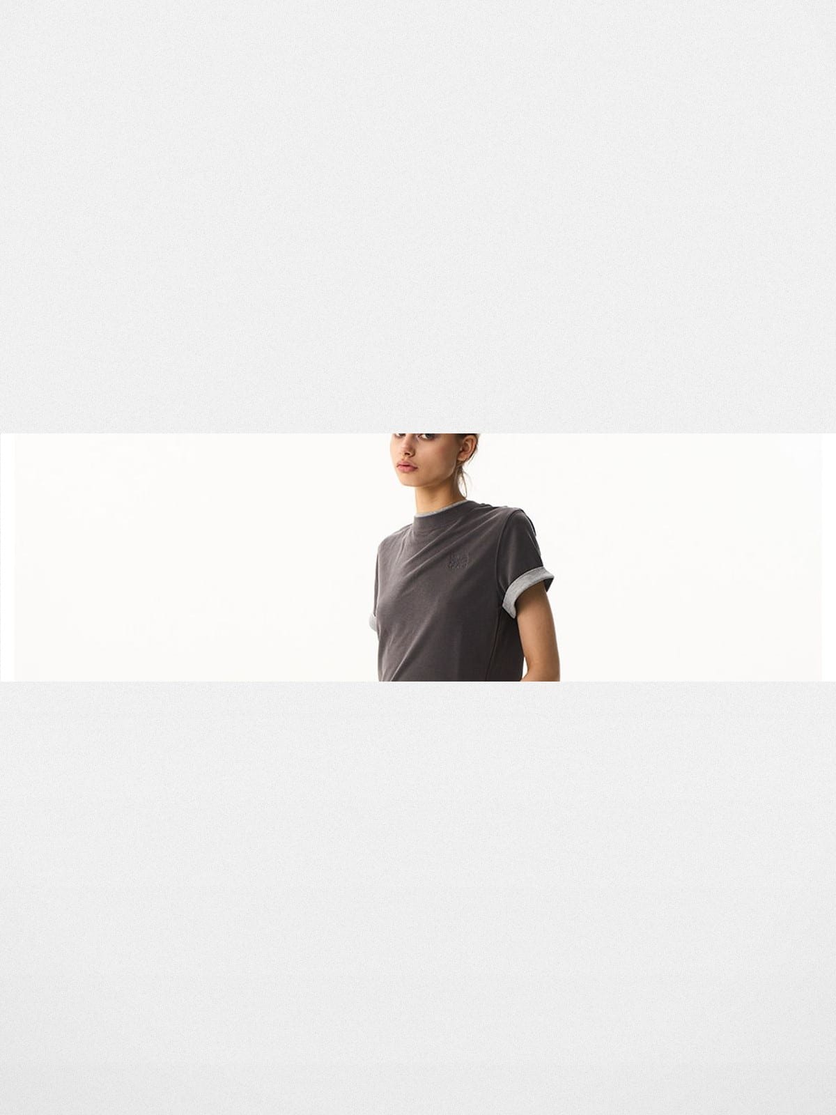 BLINDNOPLAN Embroidered Mock Two Piece T Shirt in Gray - On Female Model