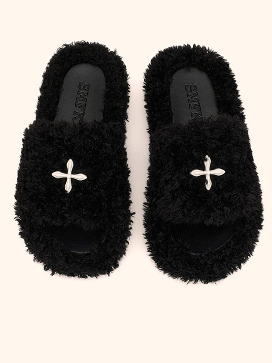 SMFK Cross Motif Faux Fur Platform Slides in Black