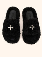 SMFK Cross Motif Faux Fur Platform Slides in Black