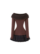 SweetChilling Fluffy Off the Shoulder Pleated Dress in Brown