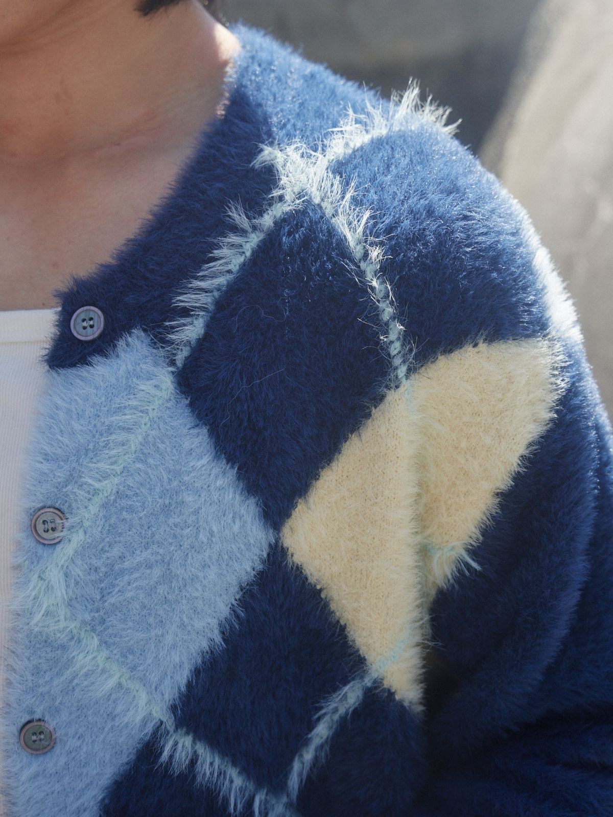 Retro 21 Faux Mink Argyle Cardigan in Blue - On Model