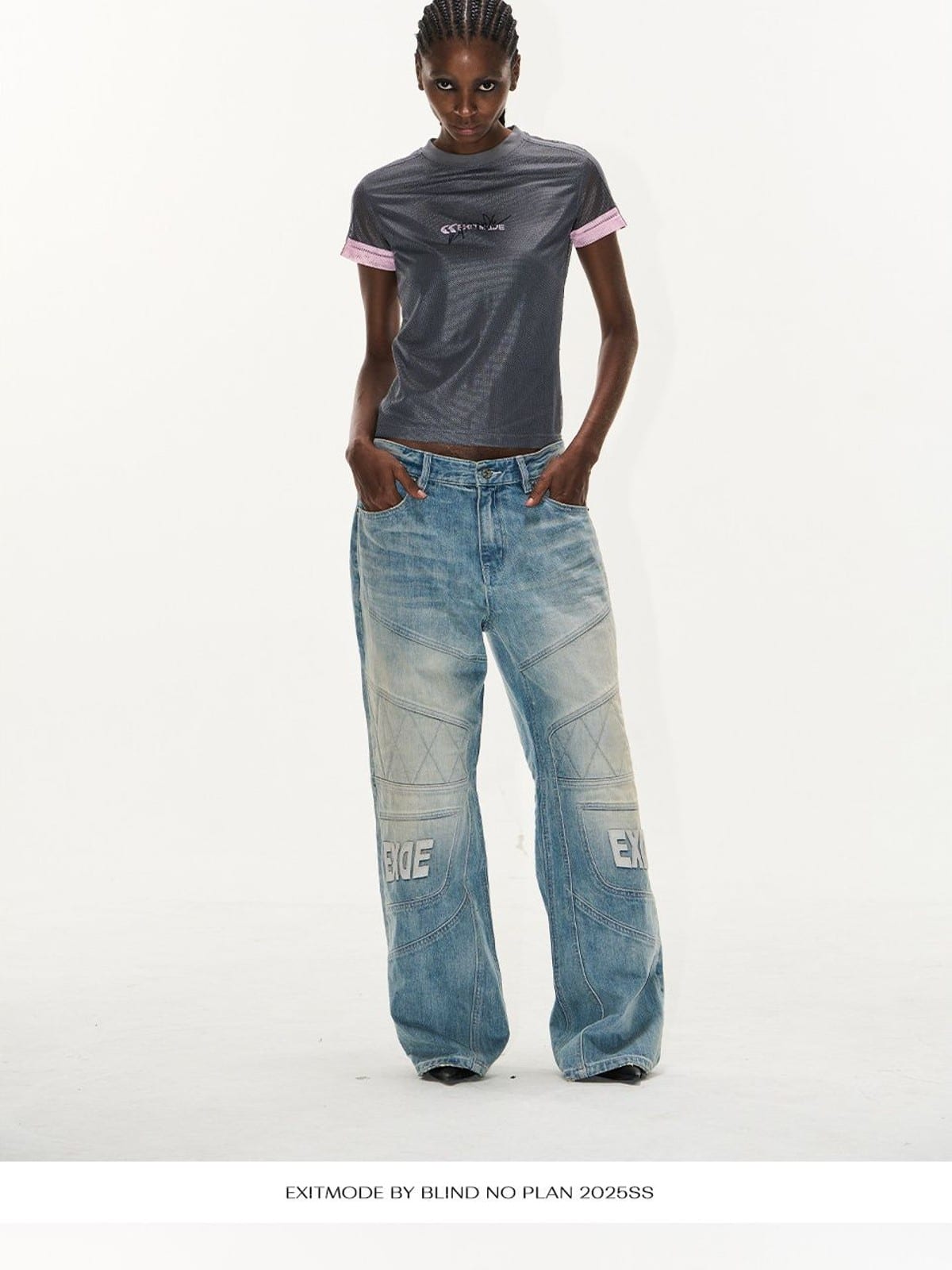 BLINDNOPLAN Paneled Embroidered Distressed Denim Pants in Blue - On Female Model