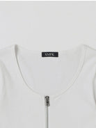 SMFK Ribbed Zip Up Cropped Cardigan in White - Detail