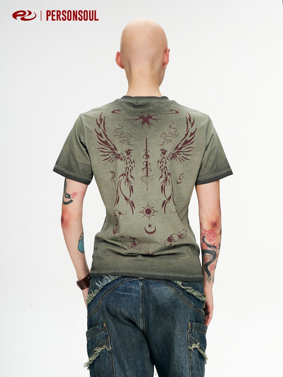 PERSONSOUL Distressed Totem Print T Shirt in Olive - On Model