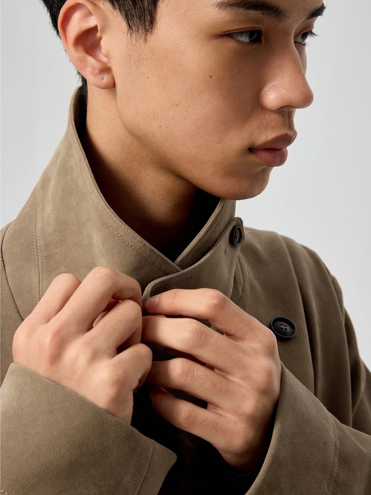 SIMPLE PROJECT Faux Suede Double Breasted Peacoat in Beige - On Male Model