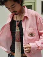 Retro 21 Star Studded Striped Cropped Shirt in Pink - On Male Model