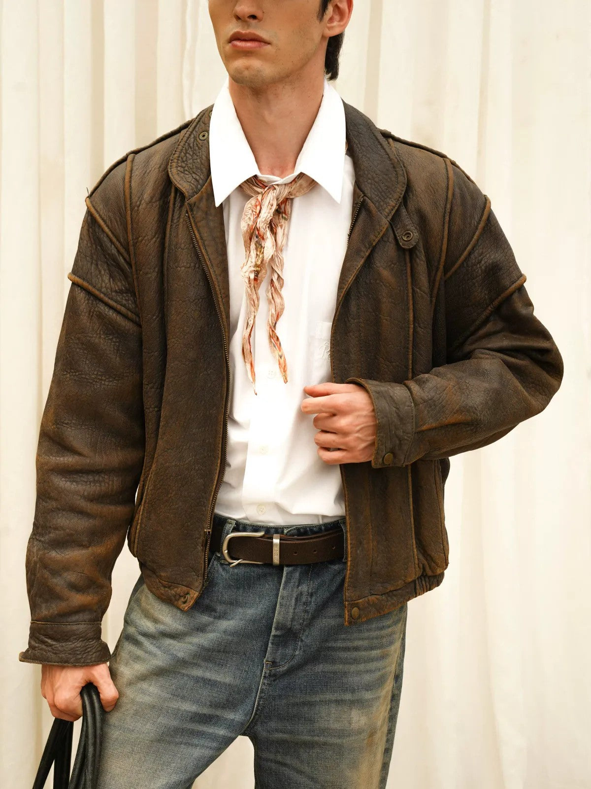 Retro 21 Irregular Pleated Vintage Print Scarf in Beige - On Male Model