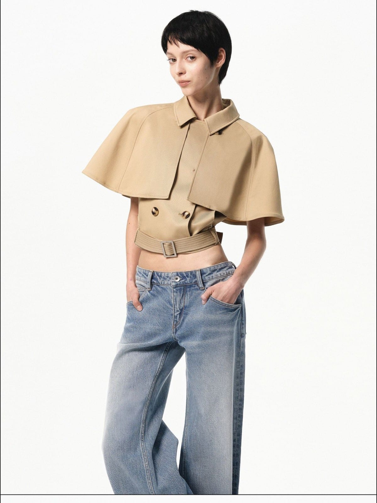 RARELY ALIKE Detachable Cape Cropped Trench Jacket in Beige - On Female Model