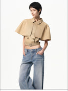RARELY ALIKE Detachable Cape Cropped Trench Jacket in Beige - On Female Model