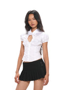 SweetChilling Cutout Puff Sleeve Cotton Blend Shirt in White - On Female Model