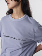Random Piece Script Letter Print Cotton T Shirt in Blue - On Female Model