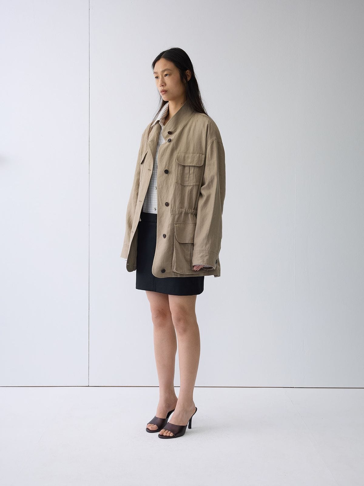 Random Piece Linen Blend Multi Pocket Cargo Jacket in Beige - On Female Model