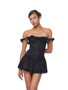 SweetChilling Cotton Eyelet Off Shoulder Mini Dress in Black - On Female Model
