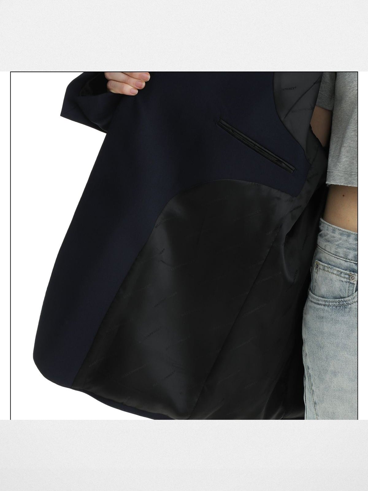 MASONPRINCE Minimalist Textured Two Button Blazer in Navy Blue - On Female Model