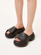 SMFK 7cm Platform Embossed EVA Slides in Black - On Model