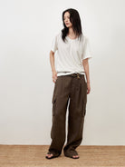 Random Piece Linen Blend U Neck T Shirt in Brown - On Female Model