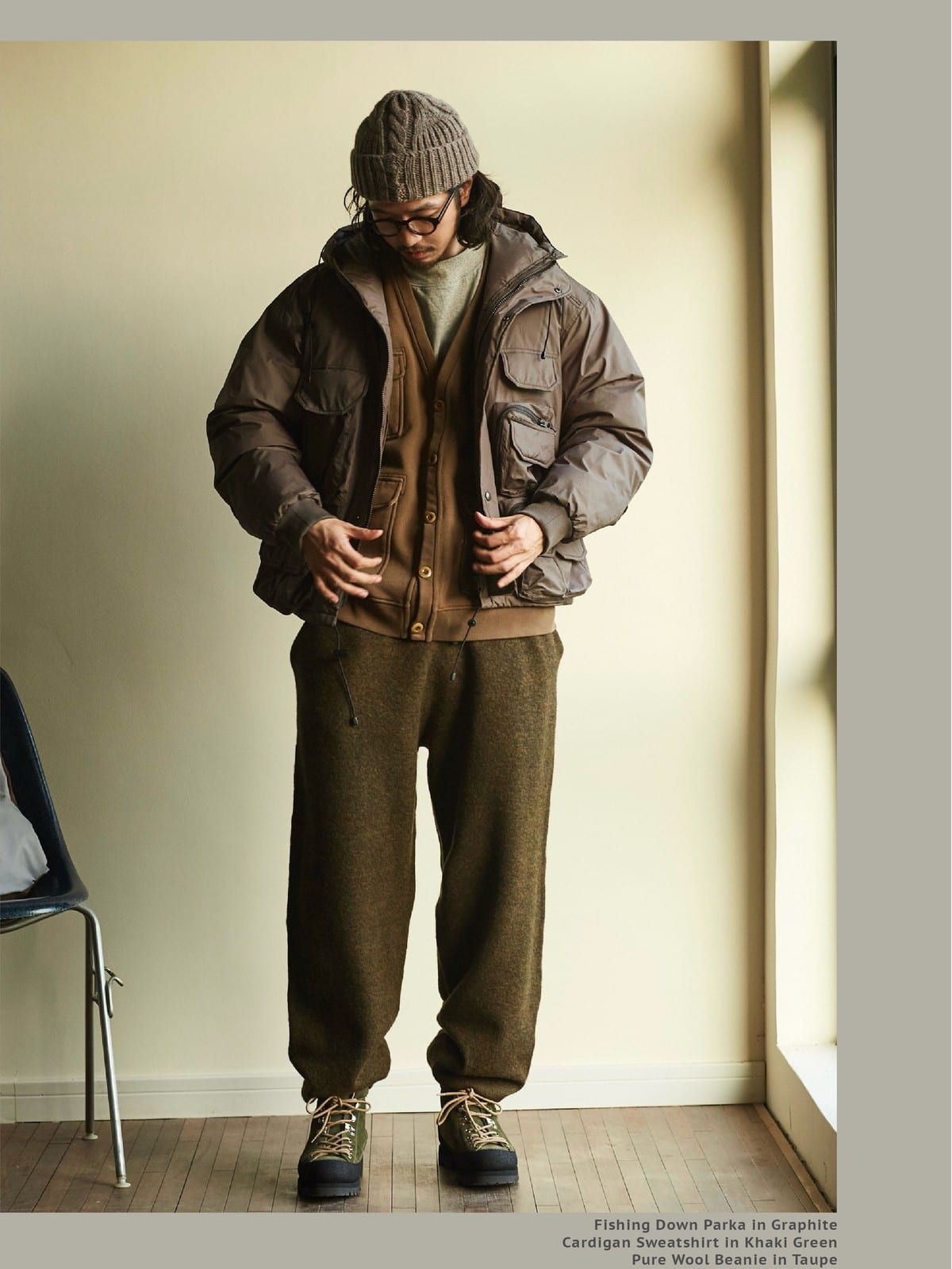 USAGE Cotton Safari Pocket Cardigan Sweatshirt in Beige - On Male Model