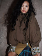 BADTASTE Reversible Plaid Cotton Jacket in Brown - On Female Model
