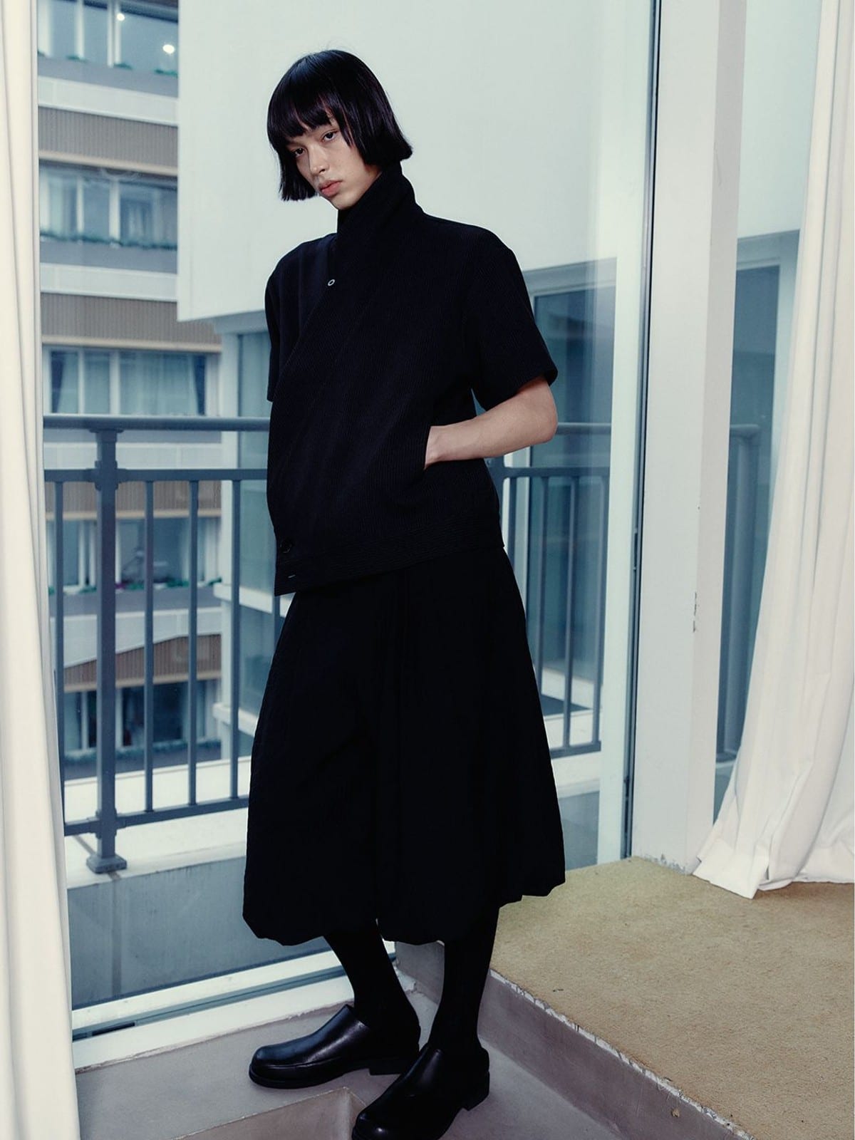 JCAESAR STUDIO Jacquard Shawl Collar Short Sleeve Shirt in Black - On Male Model