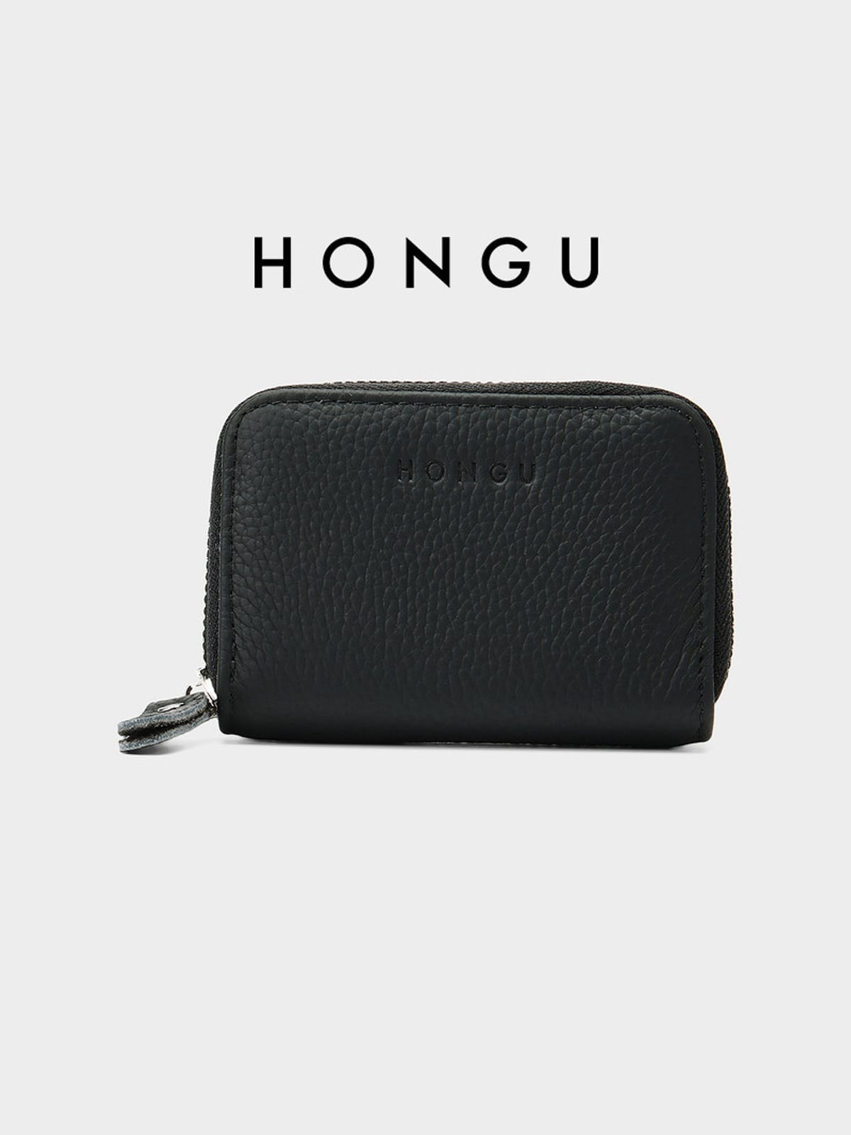 HONGU Pebbled Leather Zip Wallet in Black