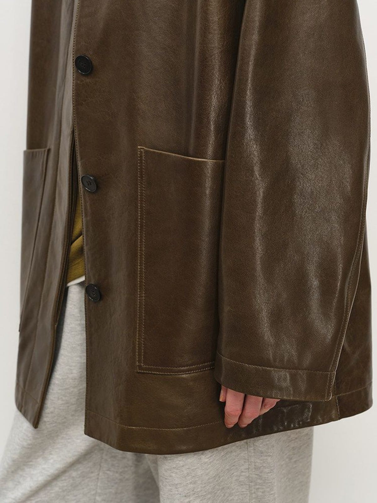 MSBEAST Mid Length Sheepskin Leather Jacket in Olive - On Model