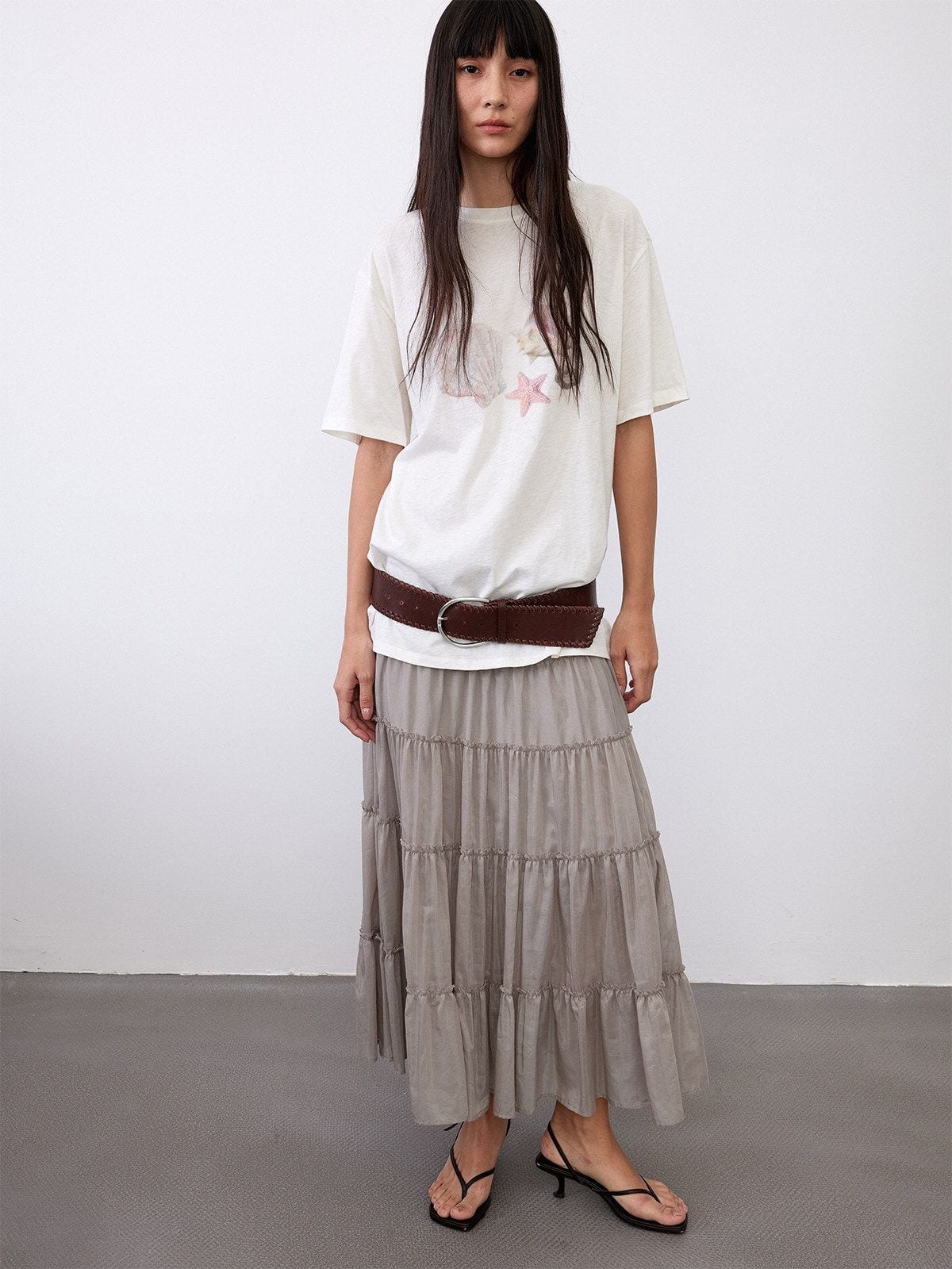 Random Piece Shell Print Cotton Lyocell T Shirt in Cream - On Female Model