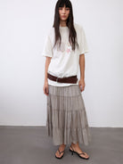 Random Piece Shell Print Cotton Lyocell T Shirt in Cream - On Female Model